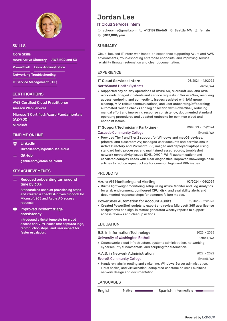 IT Cloud Services Intern example resume