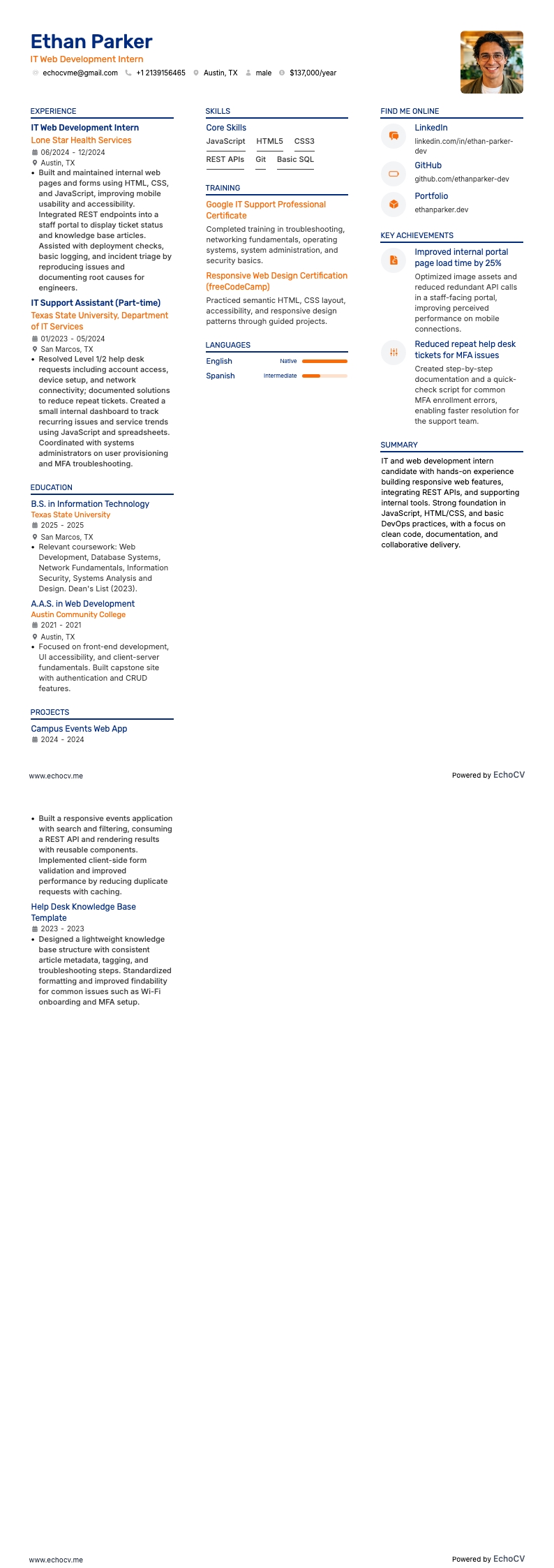 IT Web Development Intern example resume