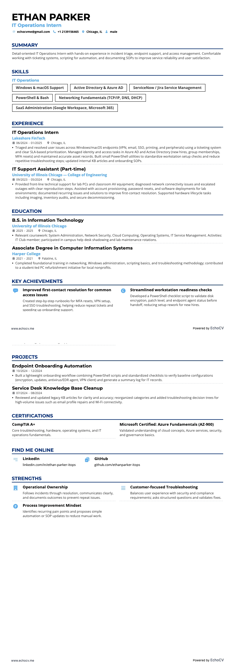 IT Operations Intern example resume