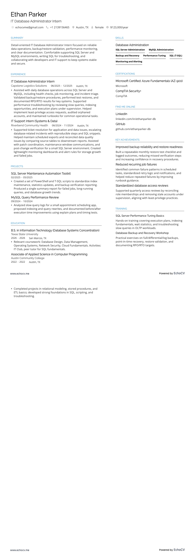 IT Database Administrator Intern example resume