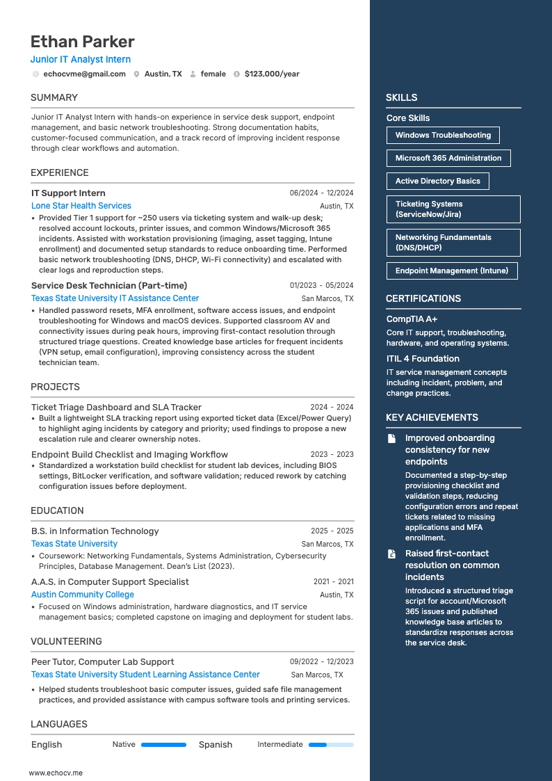 IT实习生 resume example