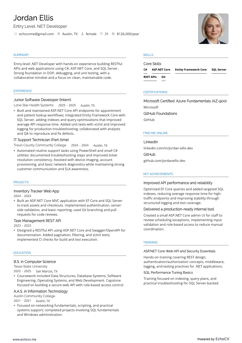 Entry Level Dot Net Developer Resume example resume