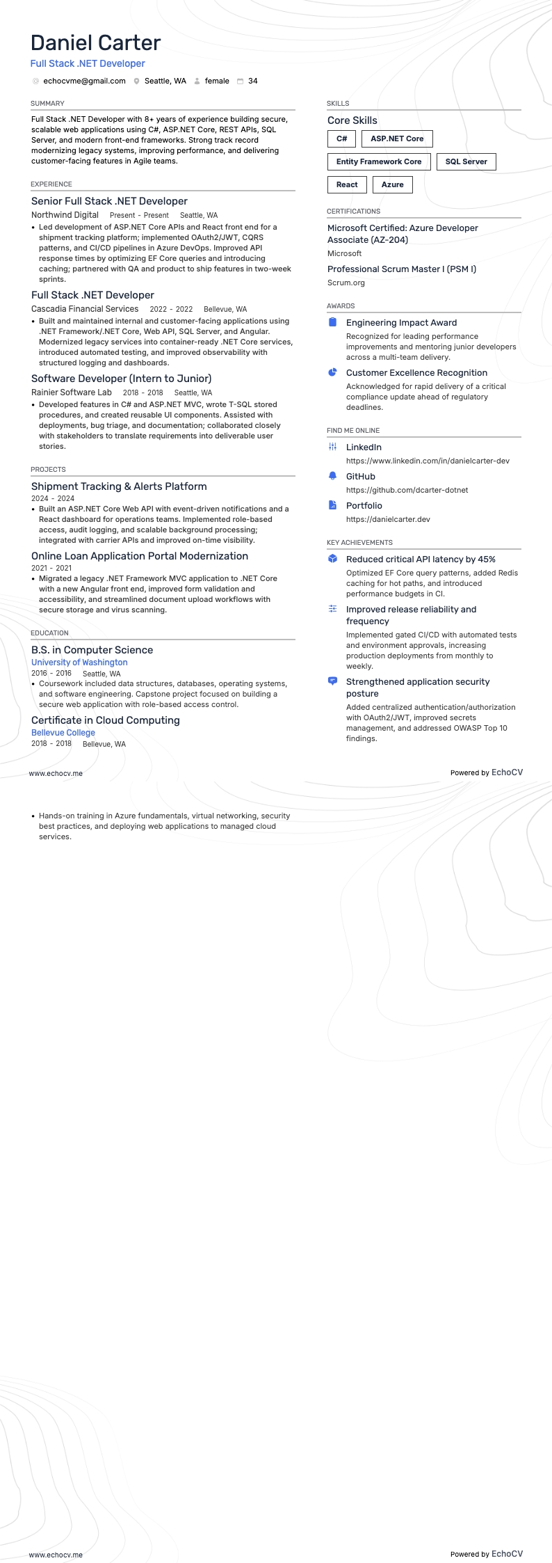 Full Stack .Net Developer Resume example resume