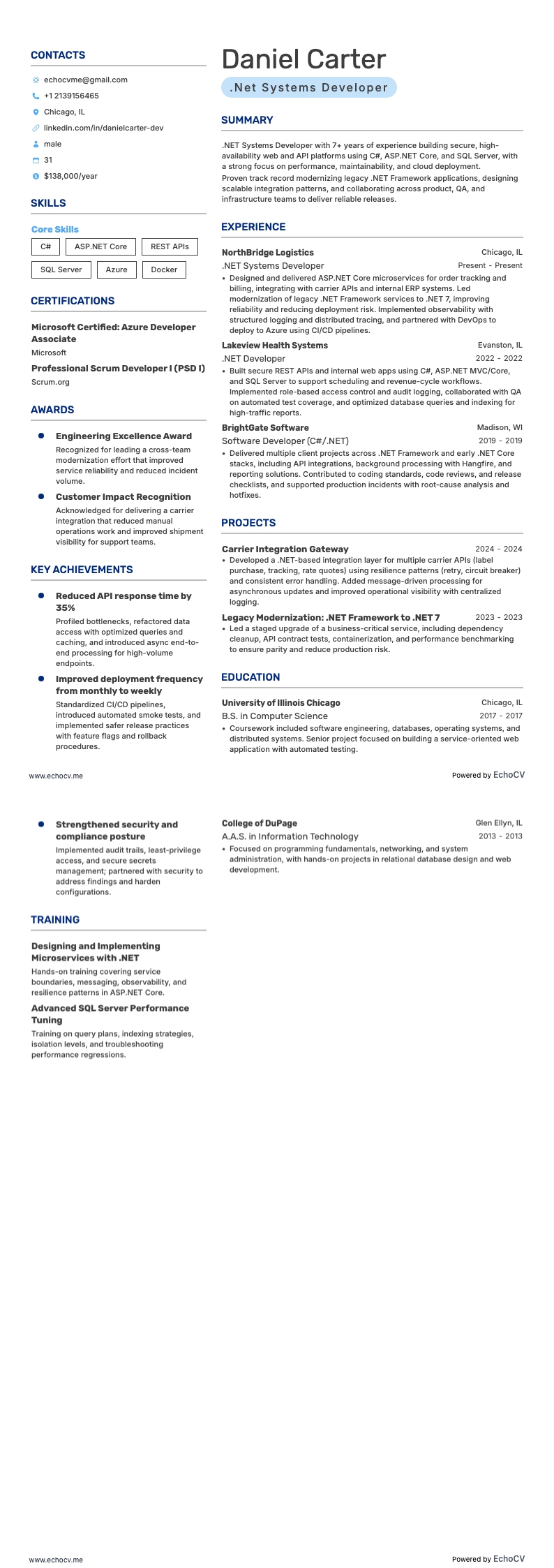 .Net Systems Developer example resume