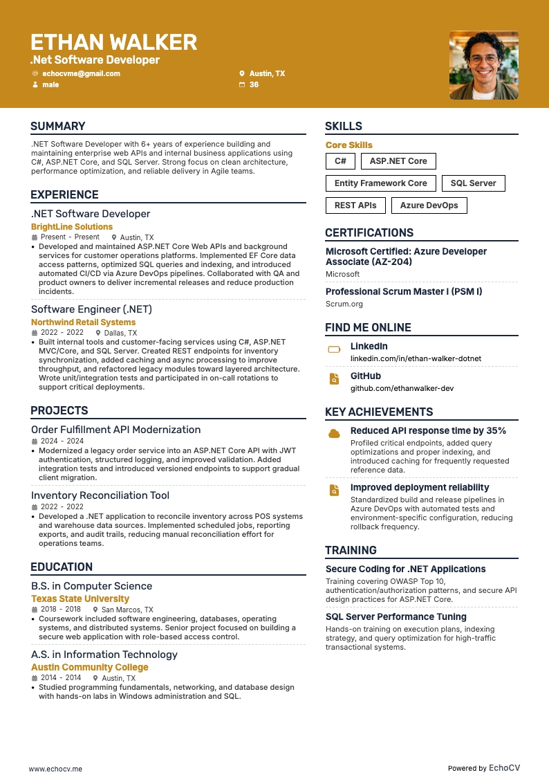 .Net Software Developer example resume
