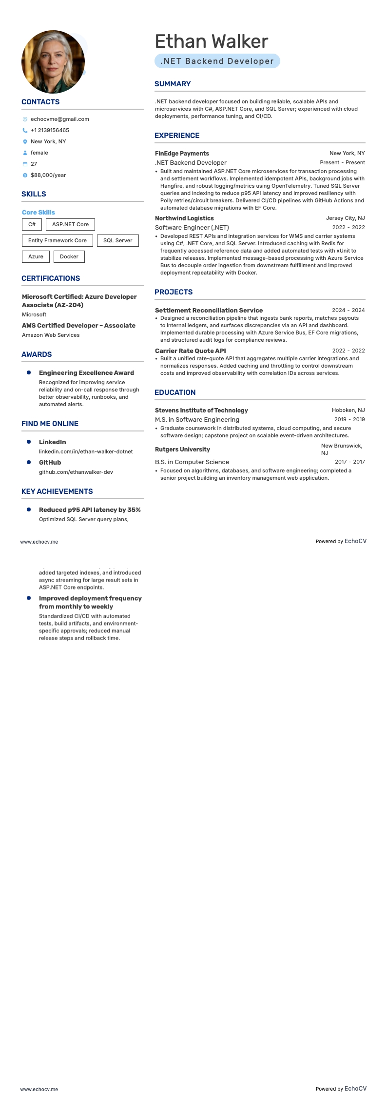 .Net Backend Developer example resume