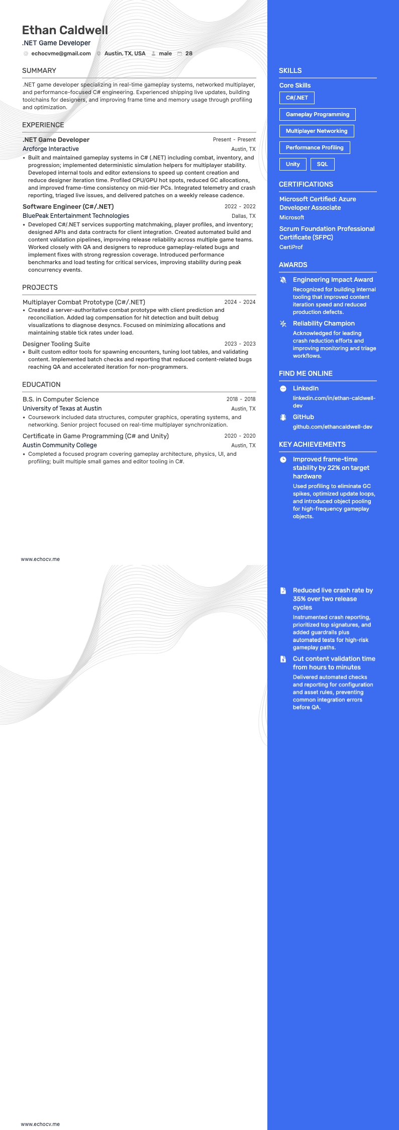 .Net Game Developer example resume