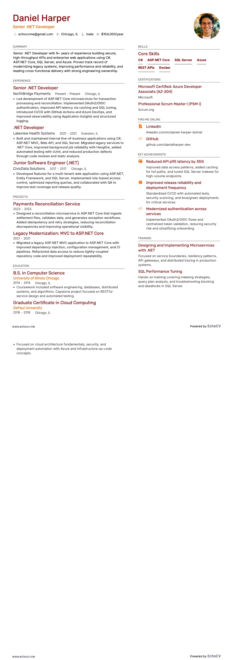 Senior .Net Developer Resume example resume