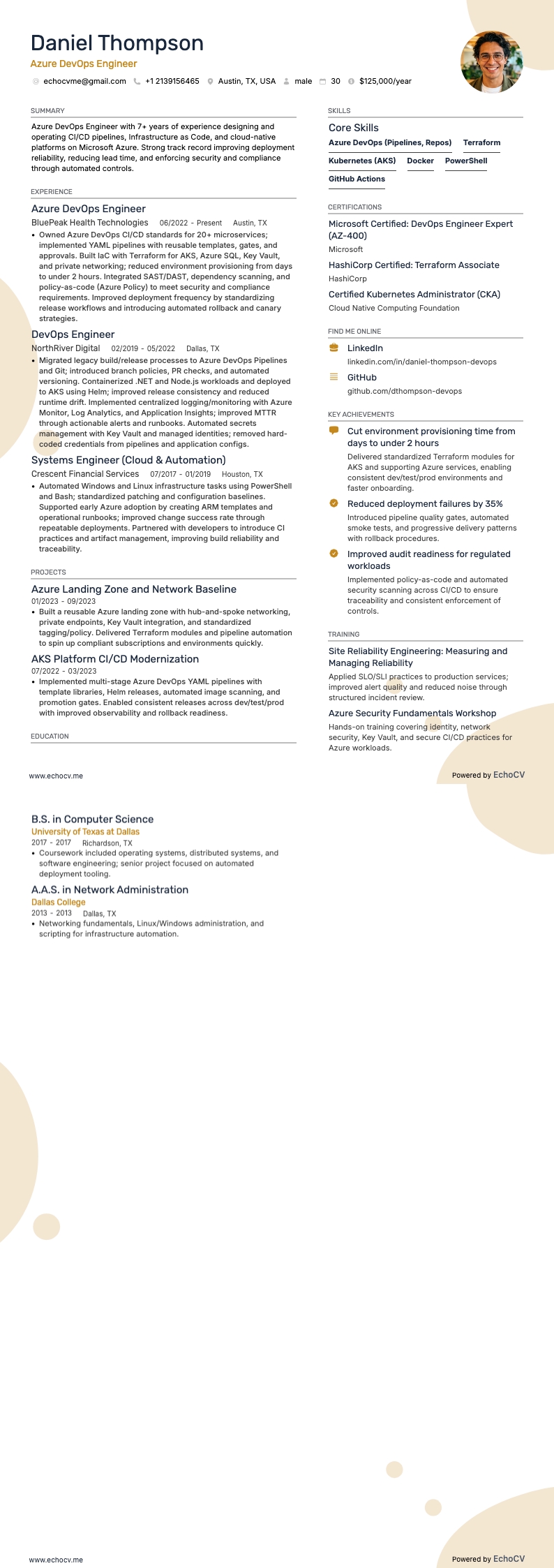Azure Devops Engineer example resume