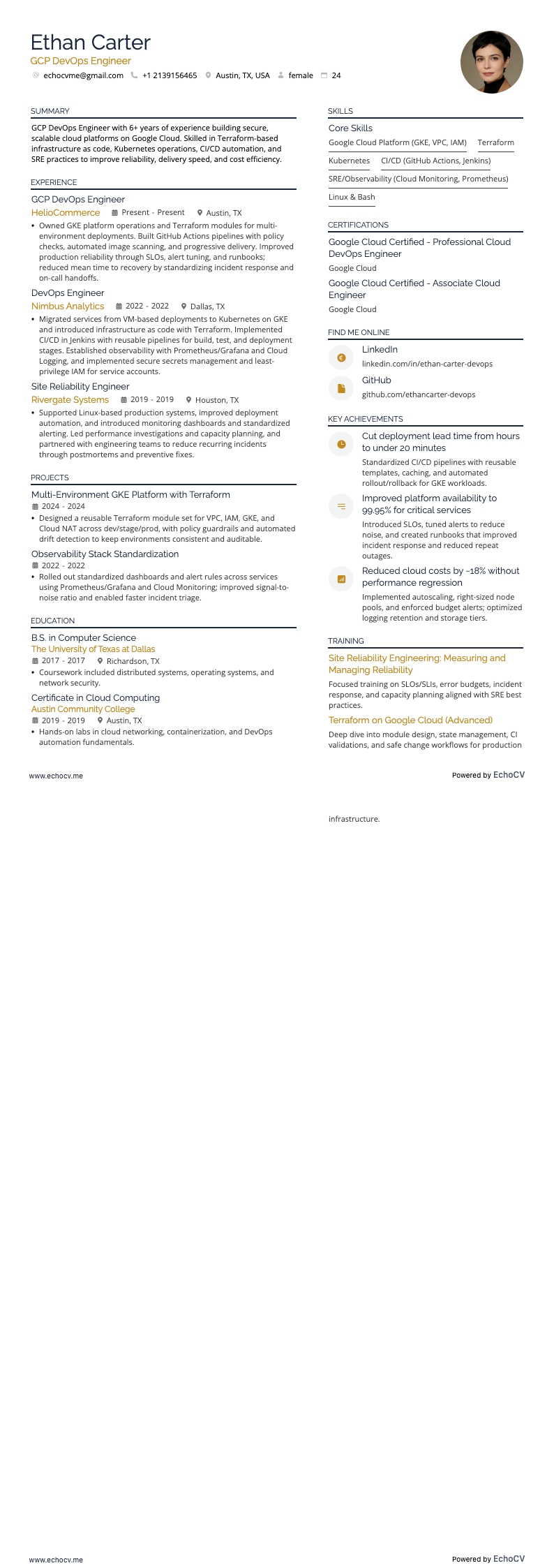 GCP Devops Engineer example resume