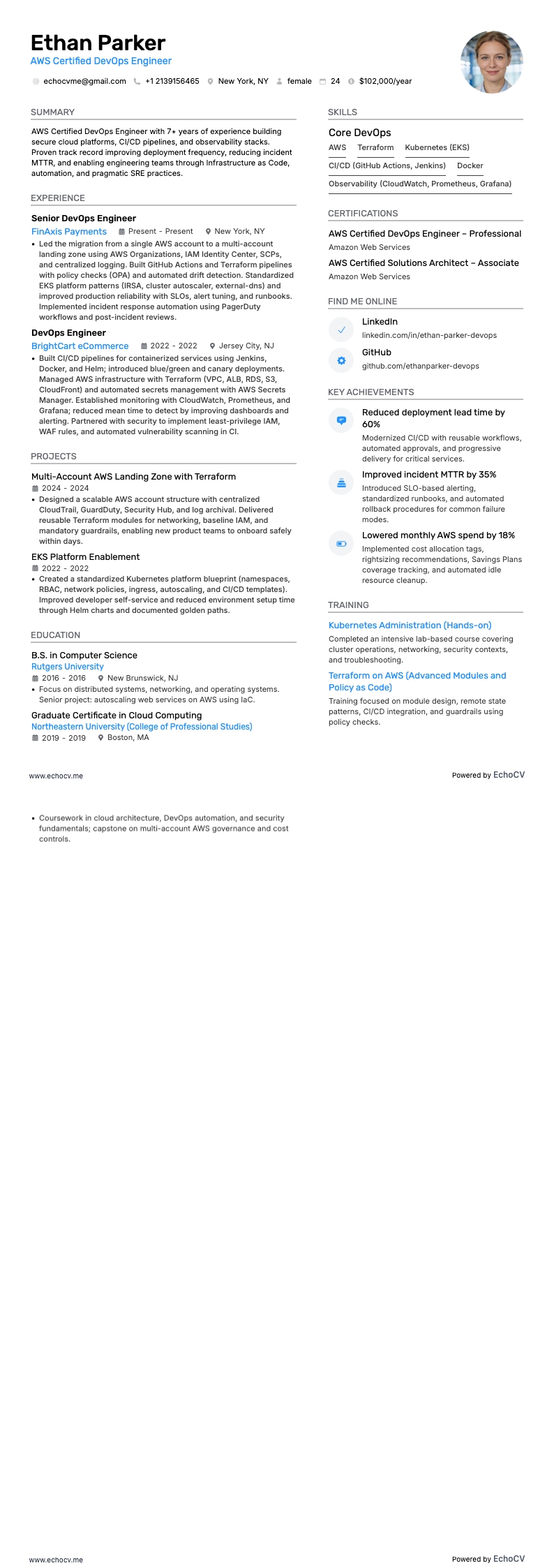 AWS Certified Devops Engineer example resume