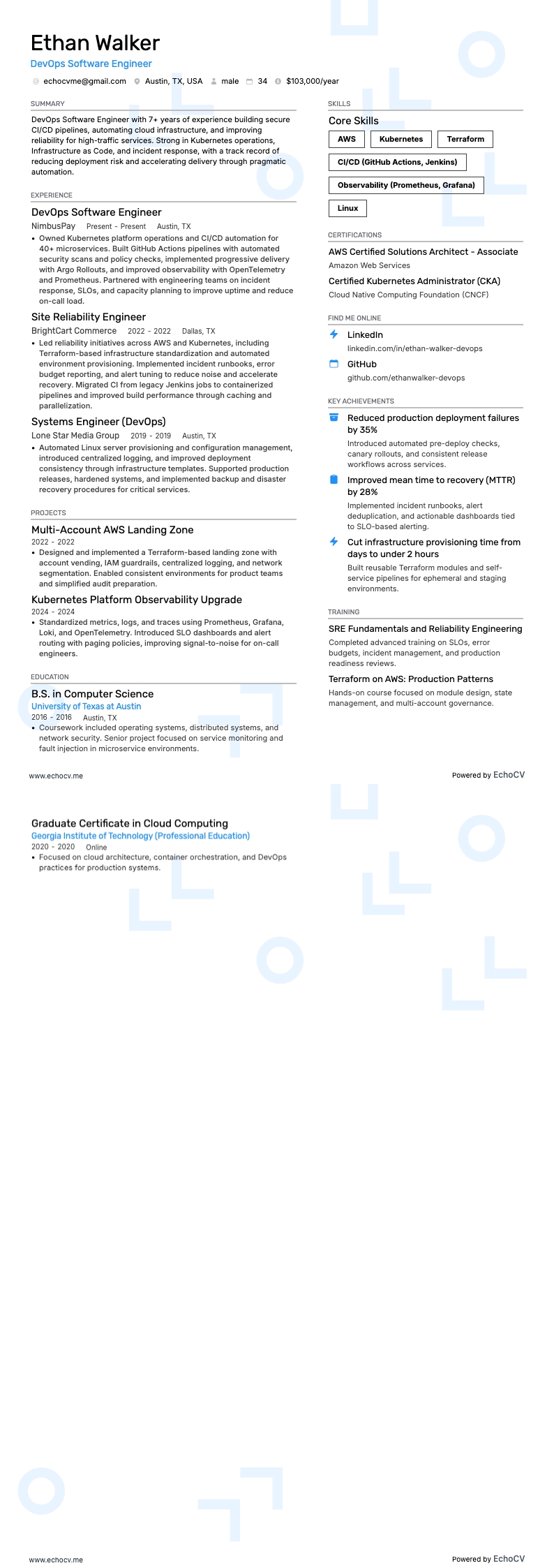 Devops Software Engineer example resume