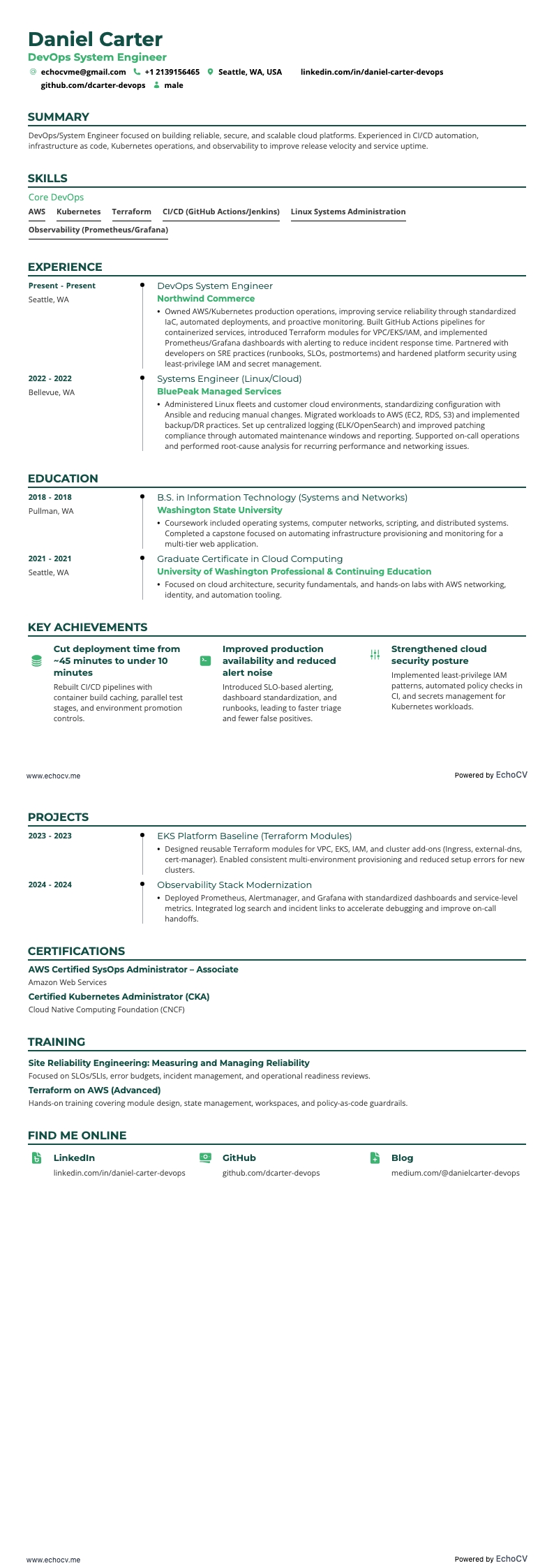 Devops System Engineer example resume