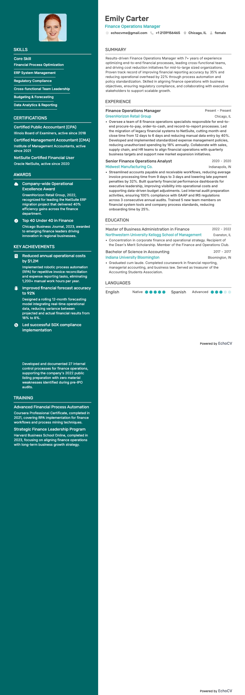 Finance Operations Manager example resume