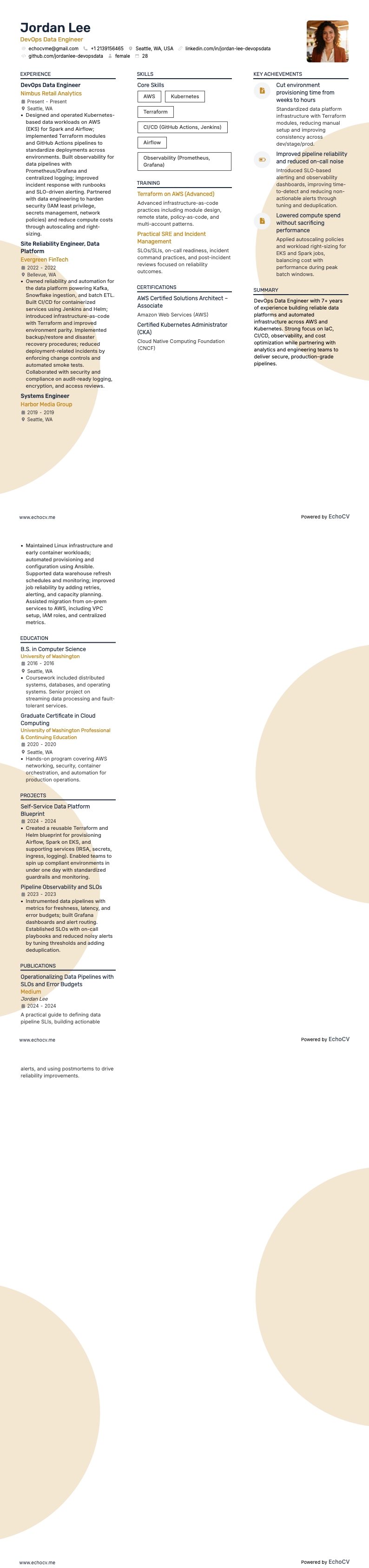 Devops Data Engineer example resume