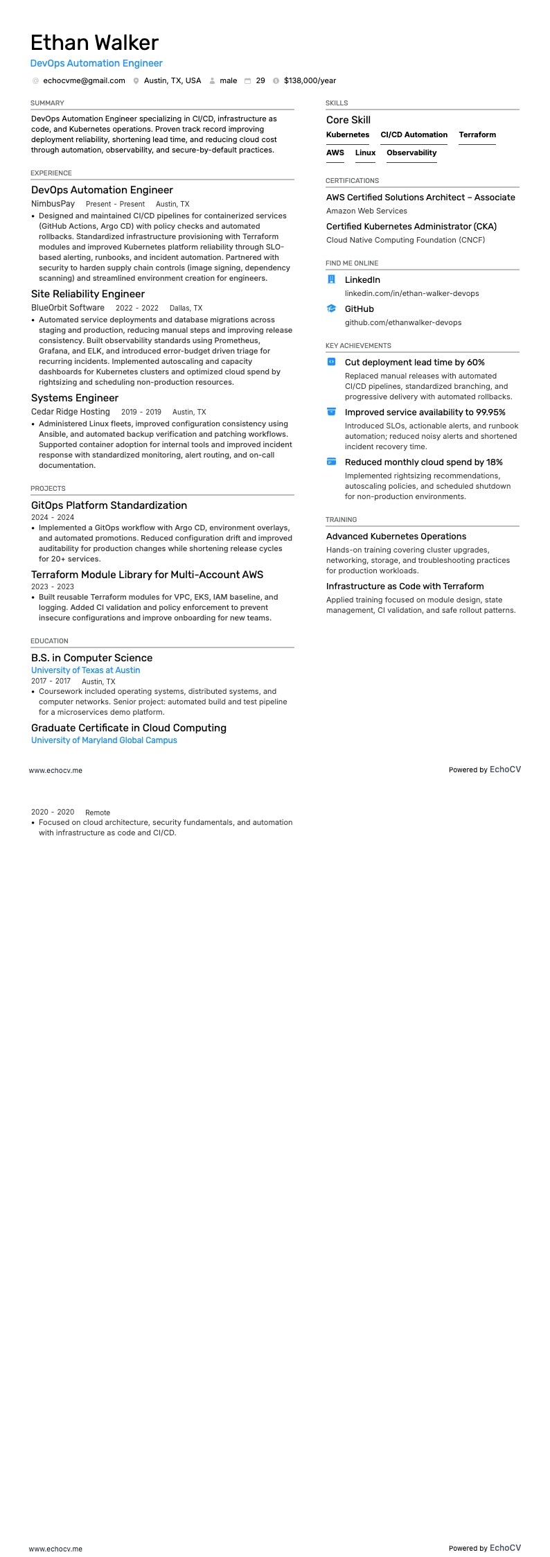 Devops Automation Engineer example resume