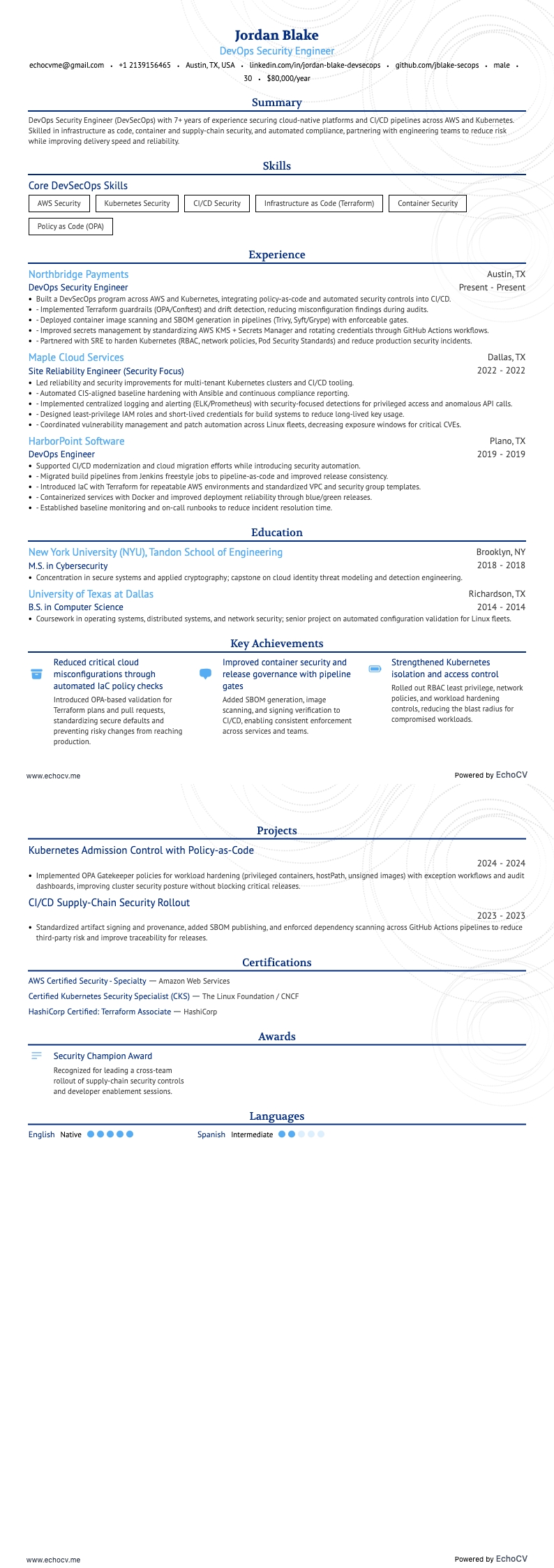 Devops Security Engineer example resume