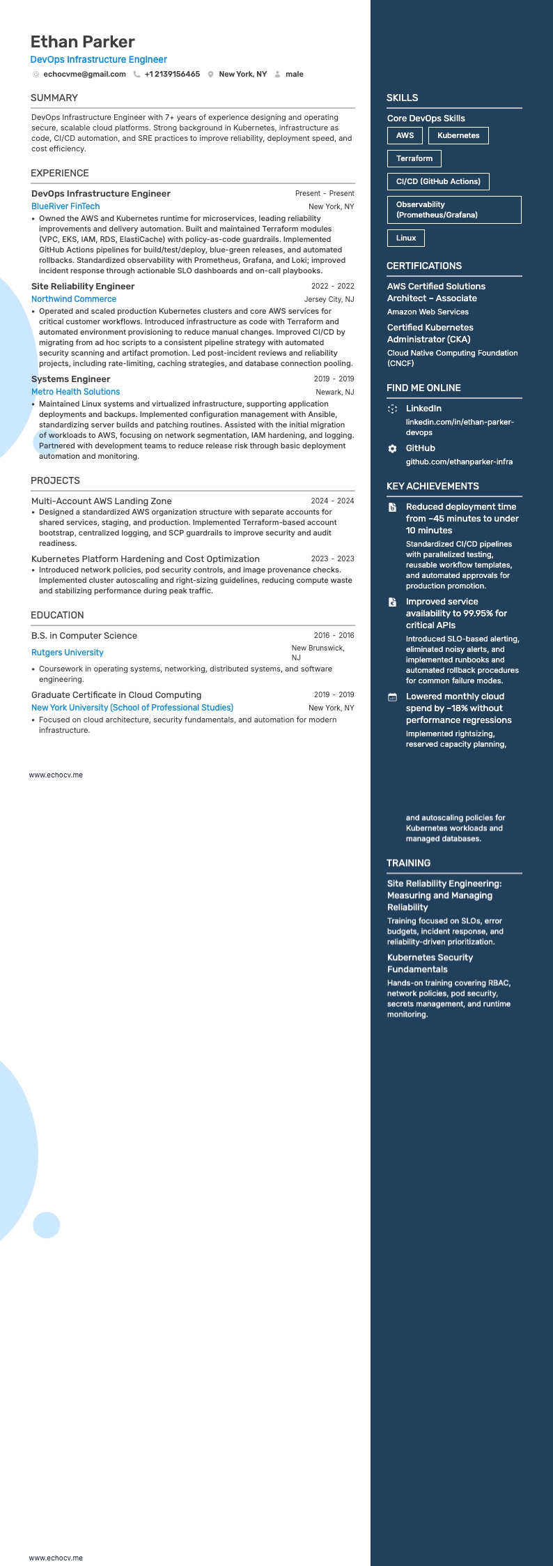 Devops Infrastructure Engineer example resume