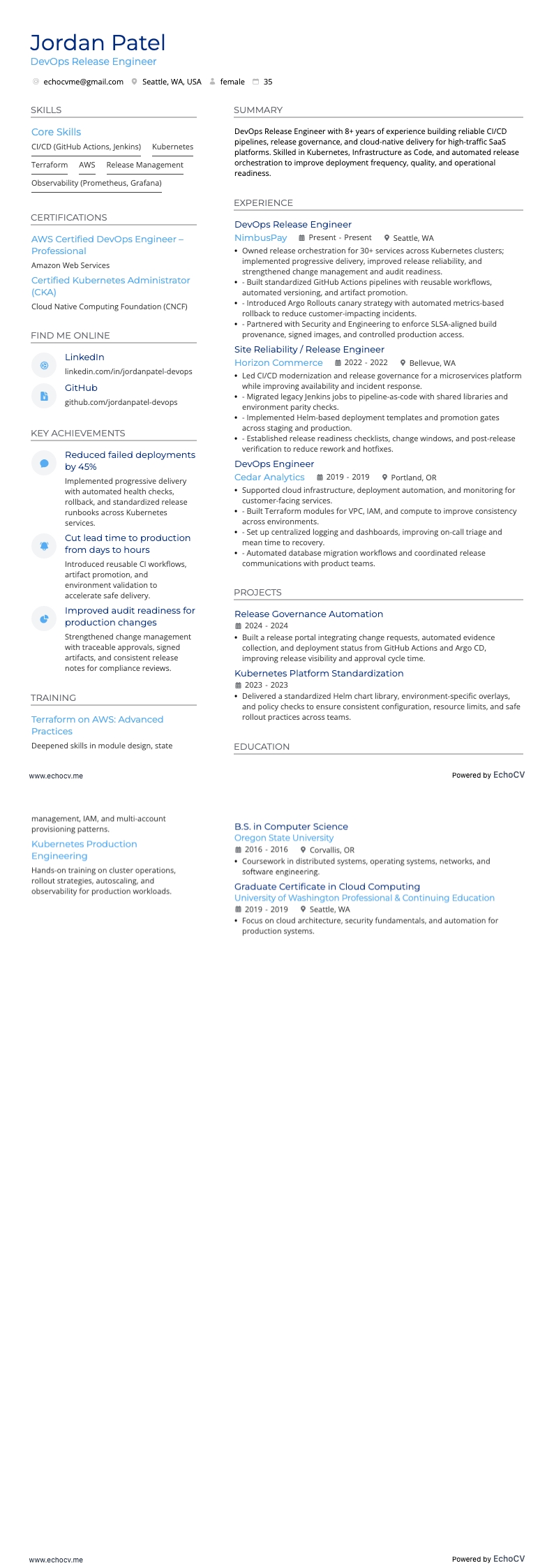 DevOps Release Engineer example resume