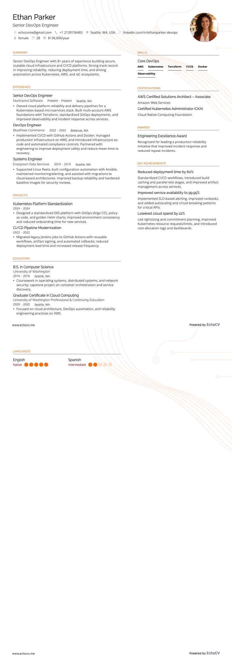 Senior Devops Engineer example resume