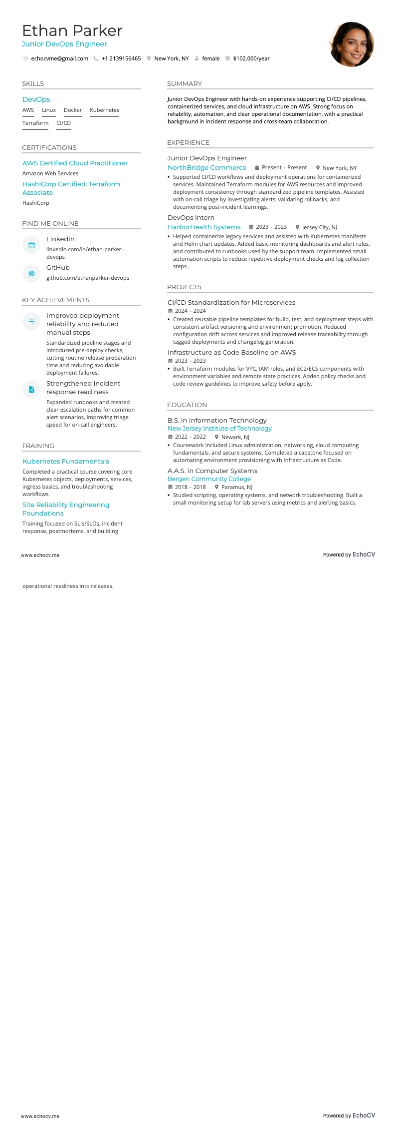 Junior Devops Engineer example resume