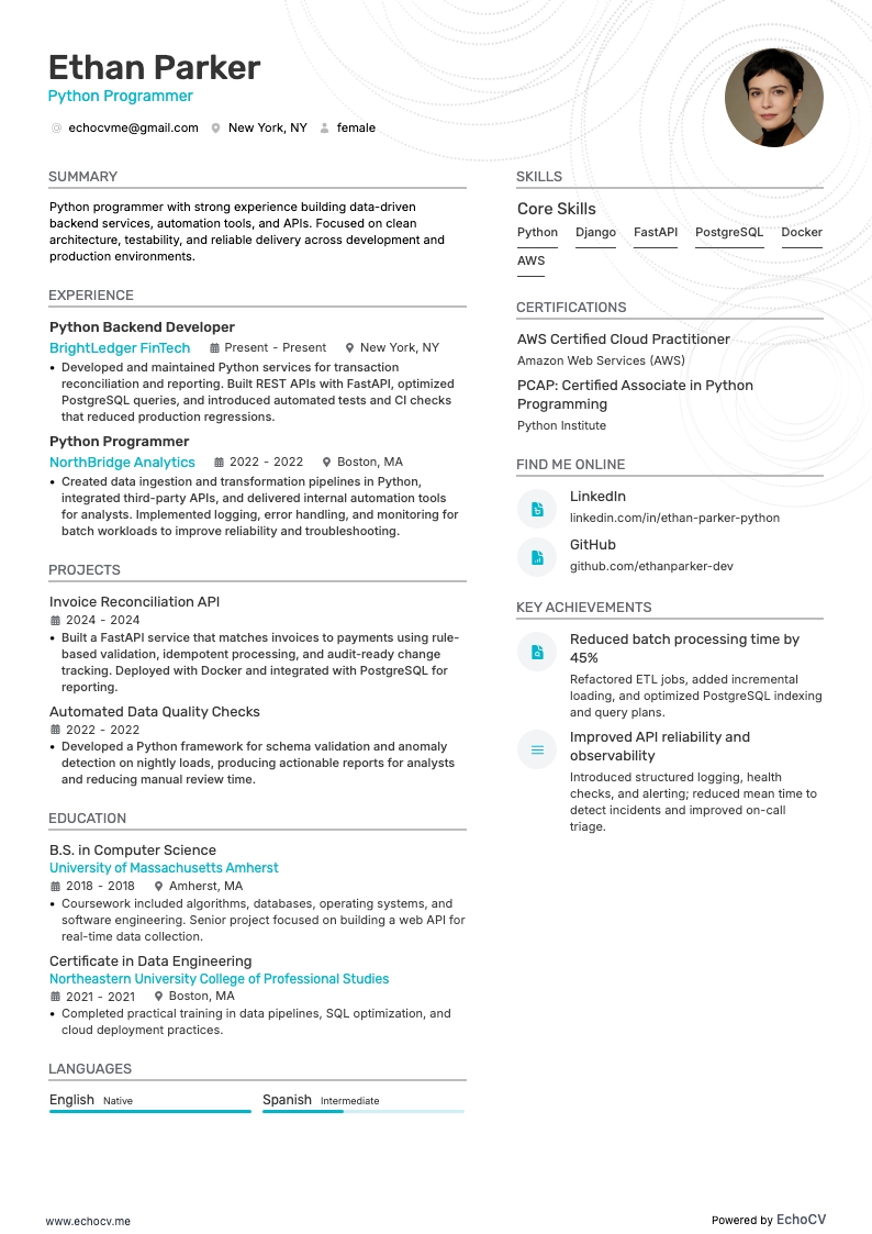 Pythonプログラマー example resume