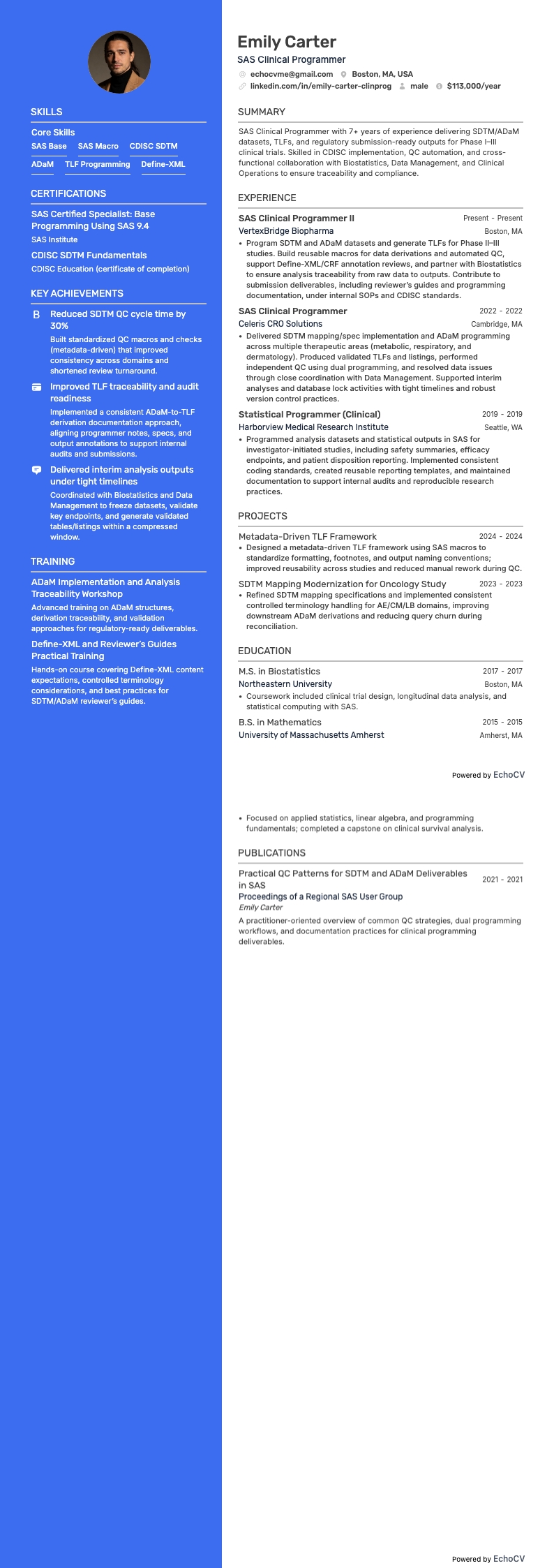 SAS臨床プログラマー example resume