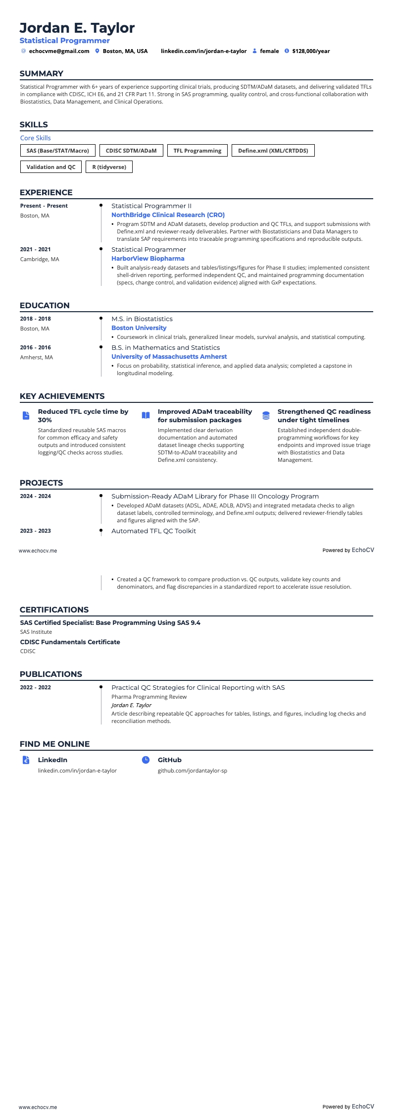 統計プログラマー example resume