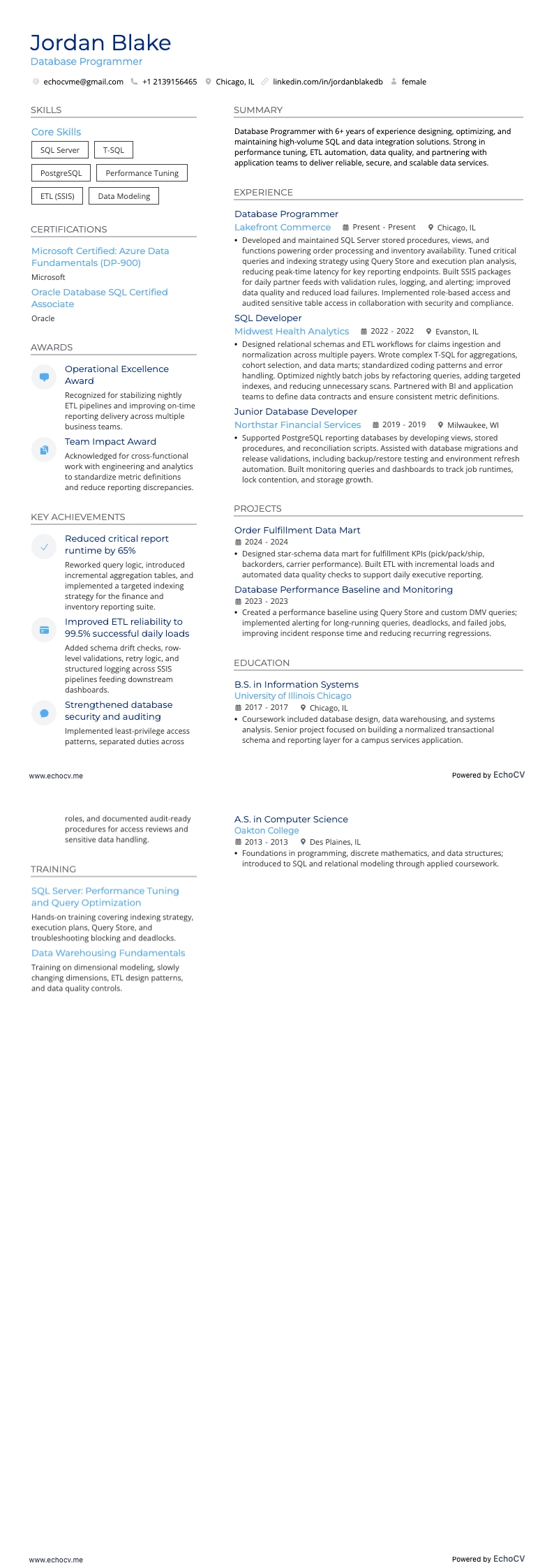 データベースプログラマー example resume