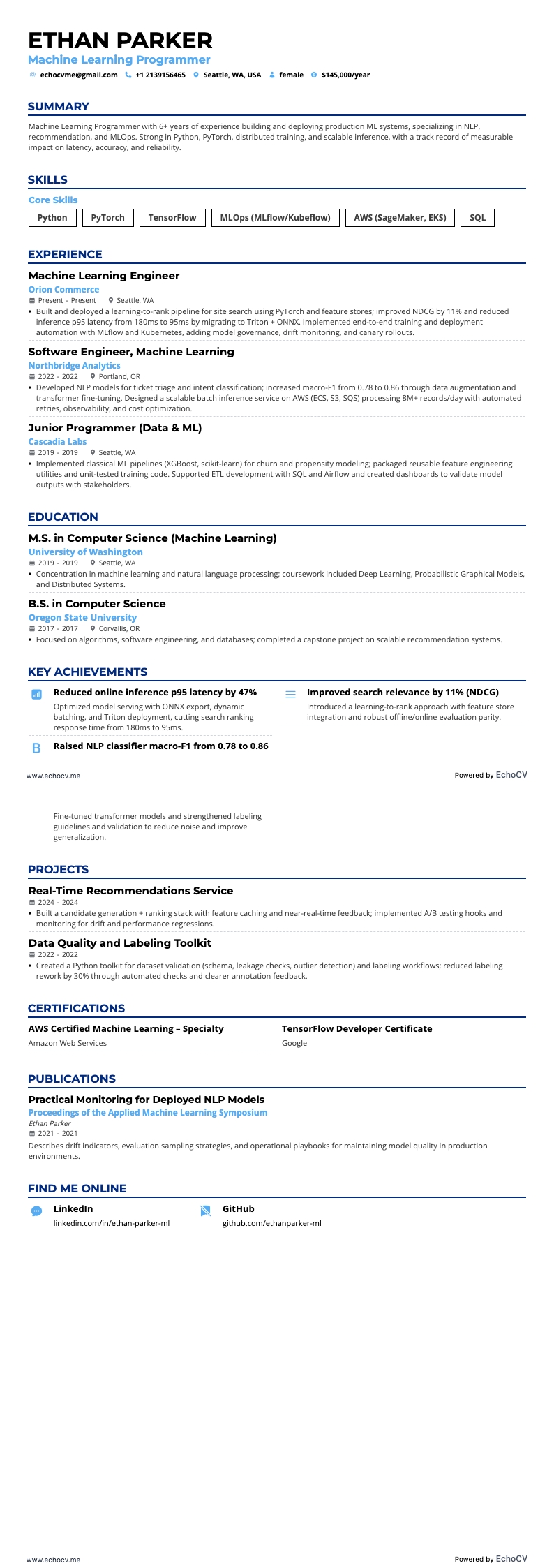 機械学習プログラマー example resume