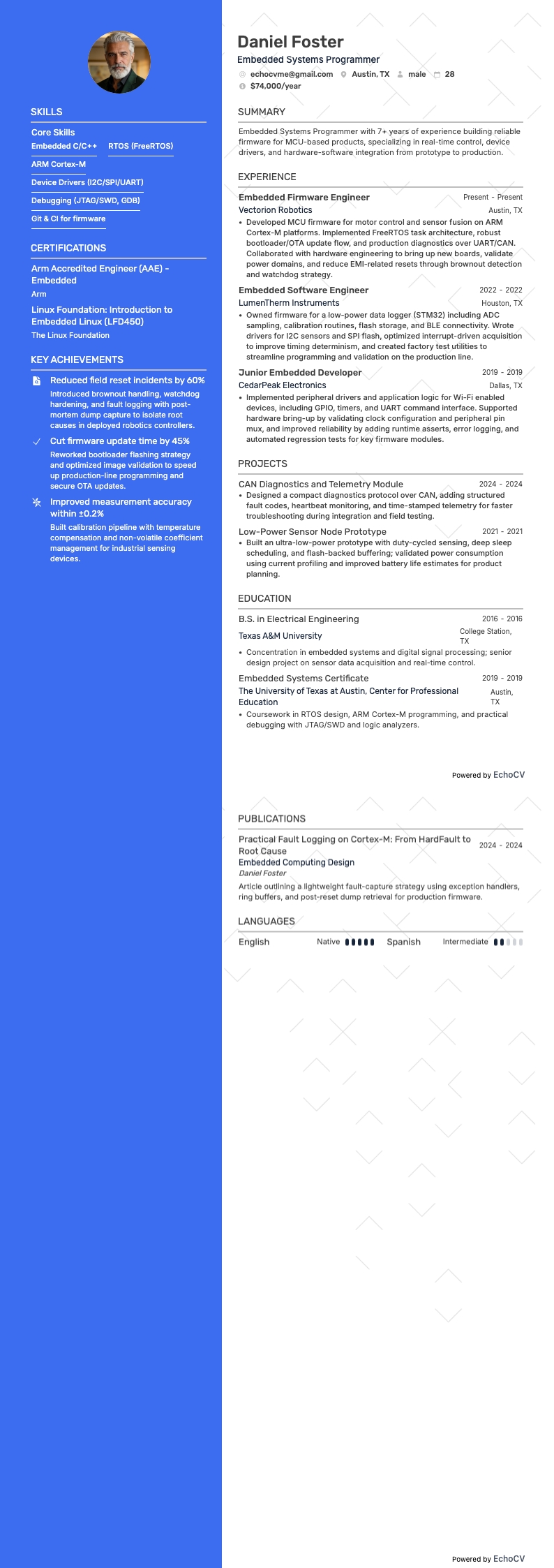 組み込みシステムプログラマー example resume