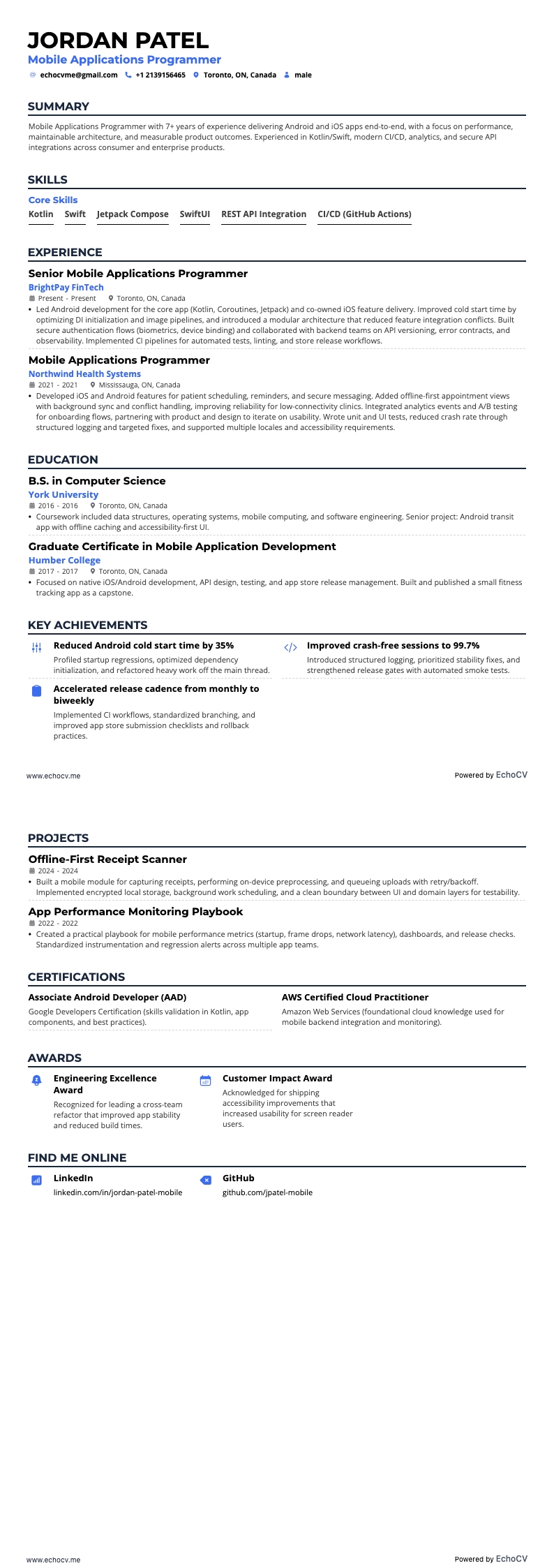 モバイルアプリケーションプログラマー example resume