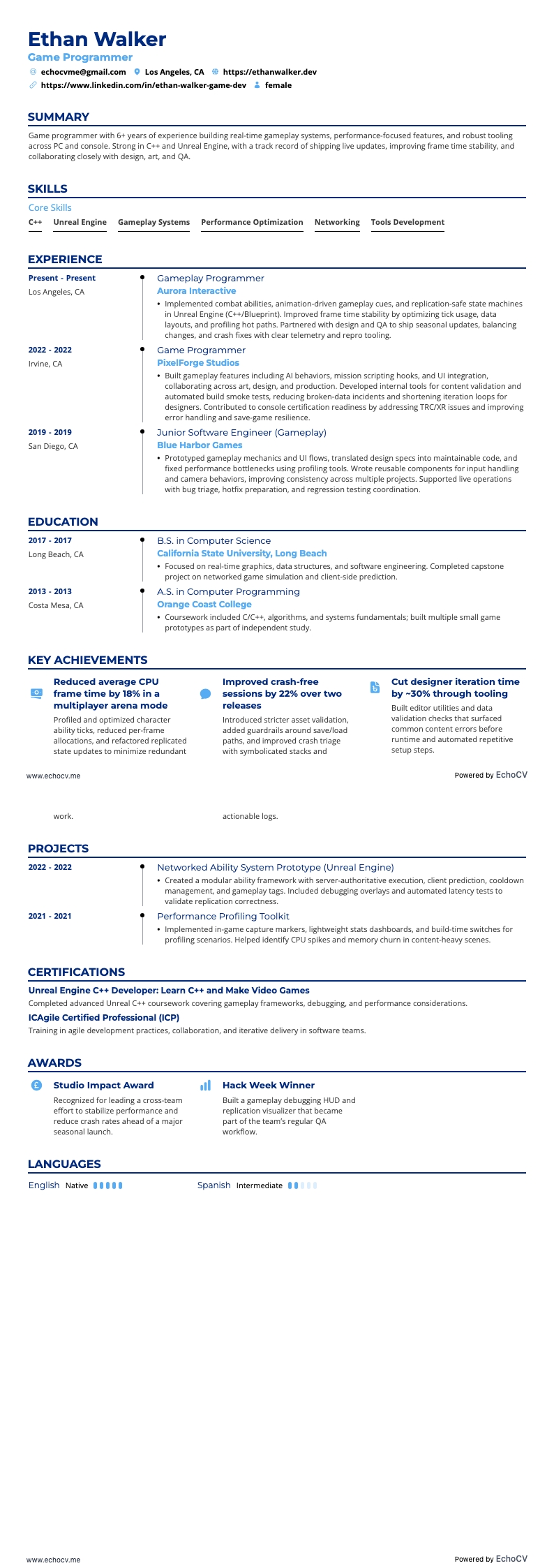 ゲームプログラマー example resume