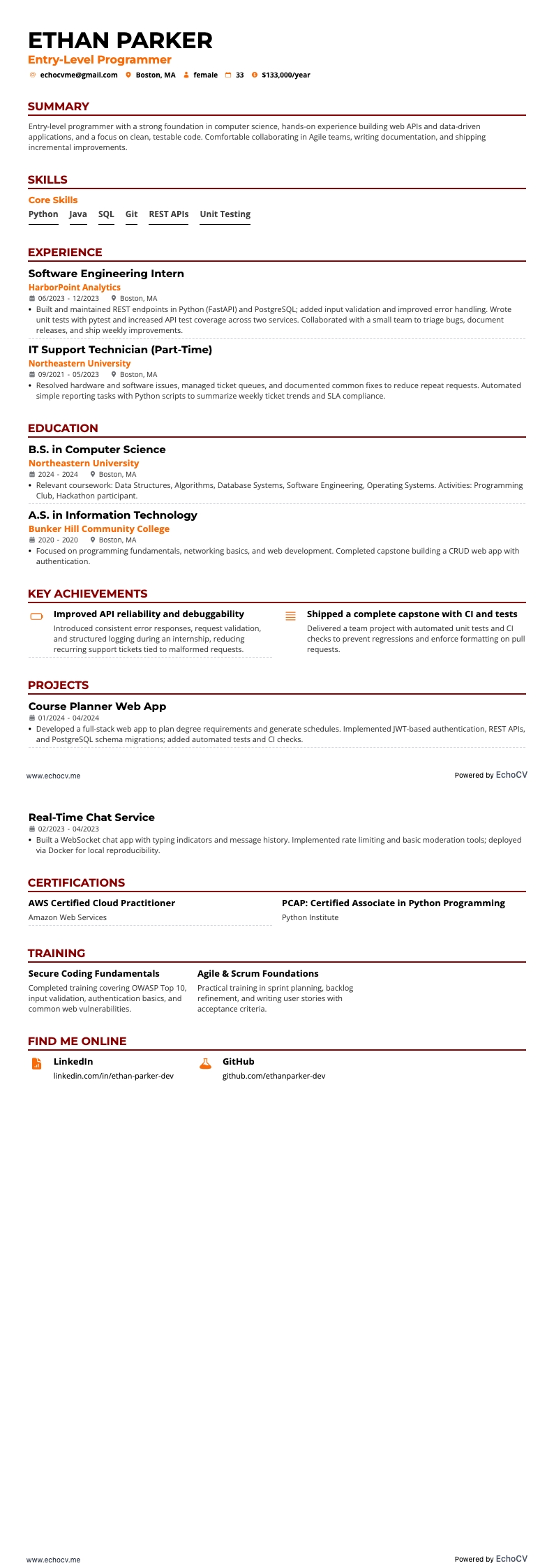 初級プログラマー example resume