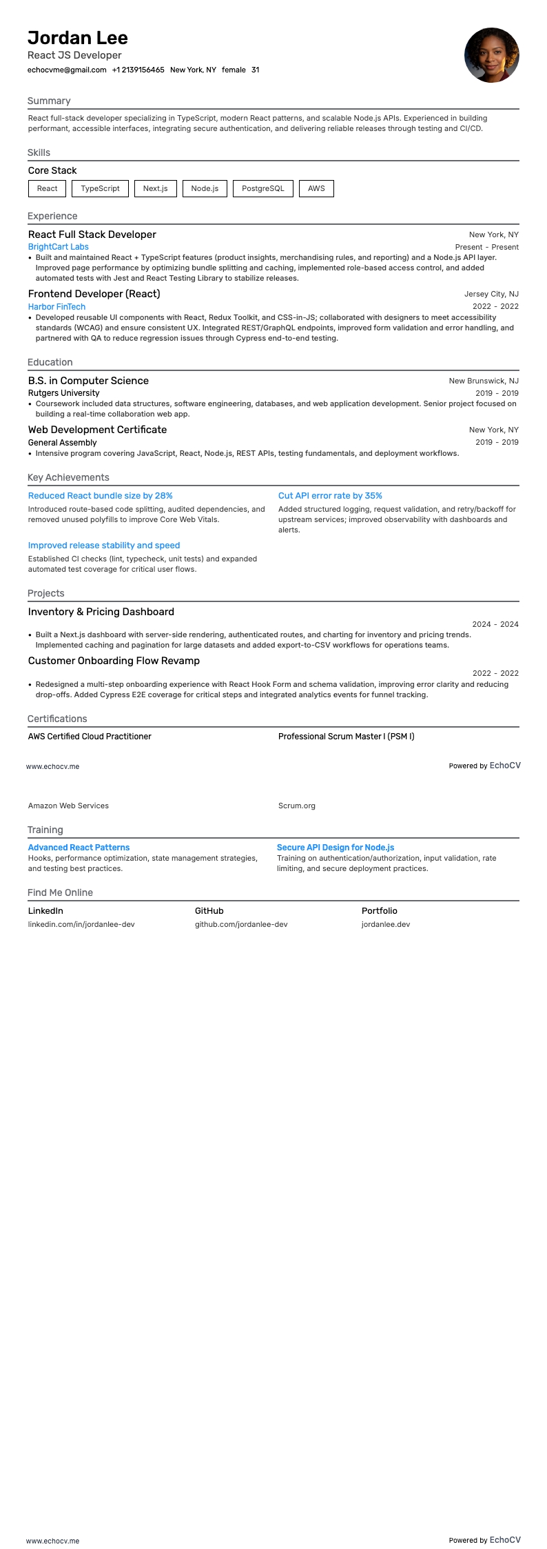 React JS Developer example resume