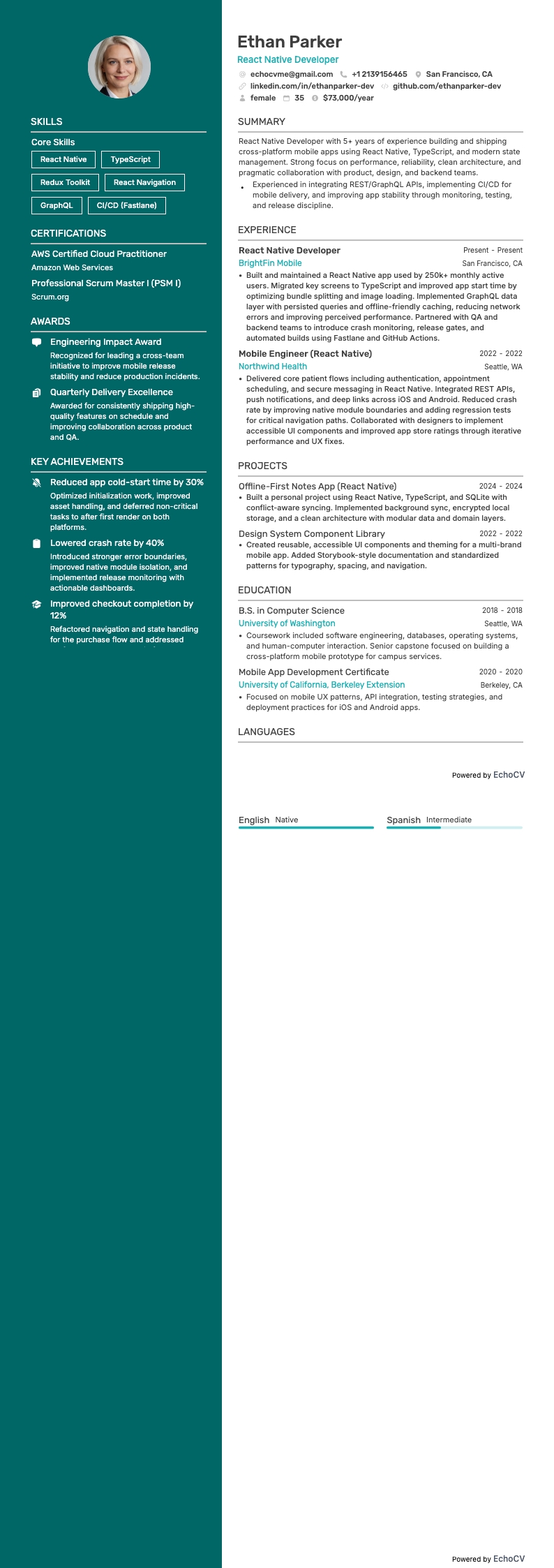 React Native Developer example resume