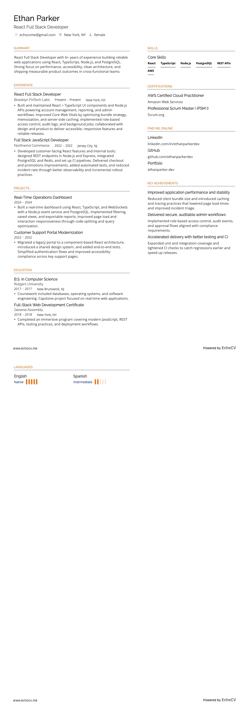 React Full Stack Developer example resume