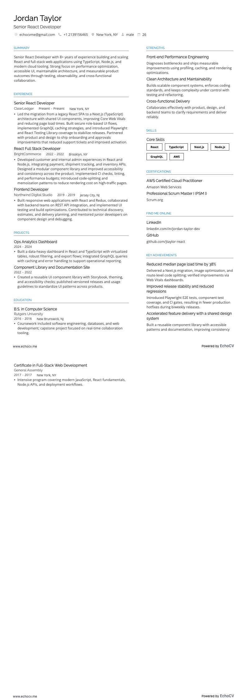 Senior React Developer example resume