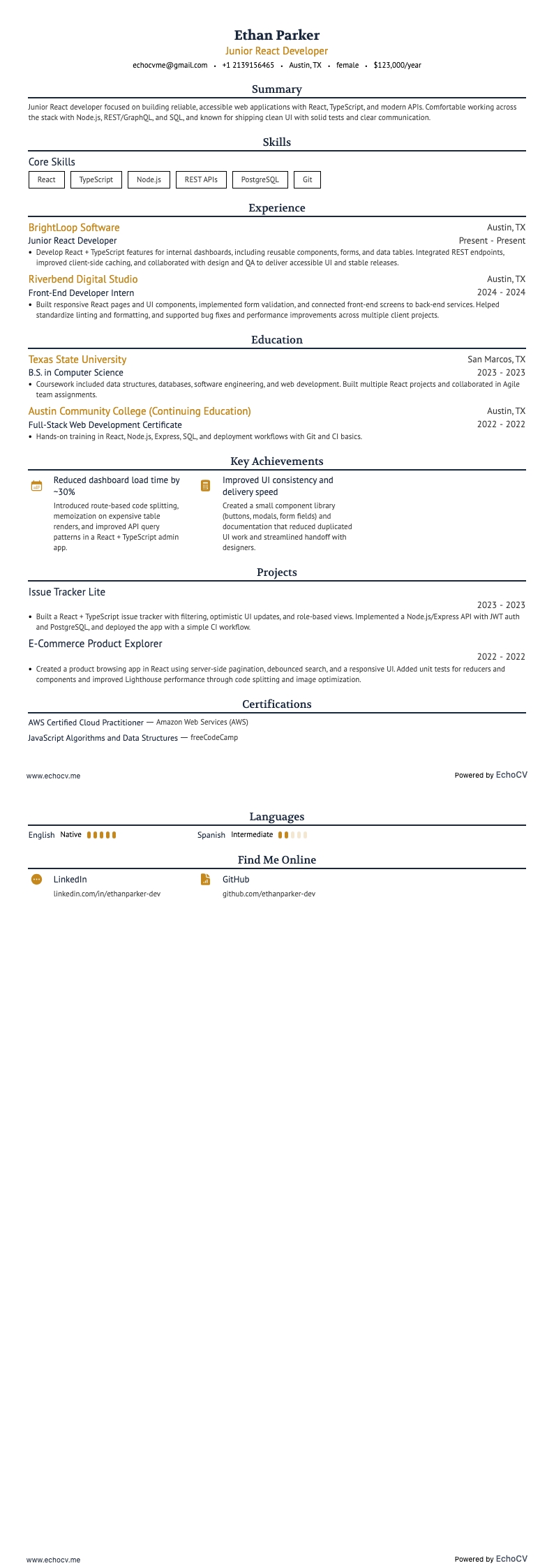 Junior React Developer example resume