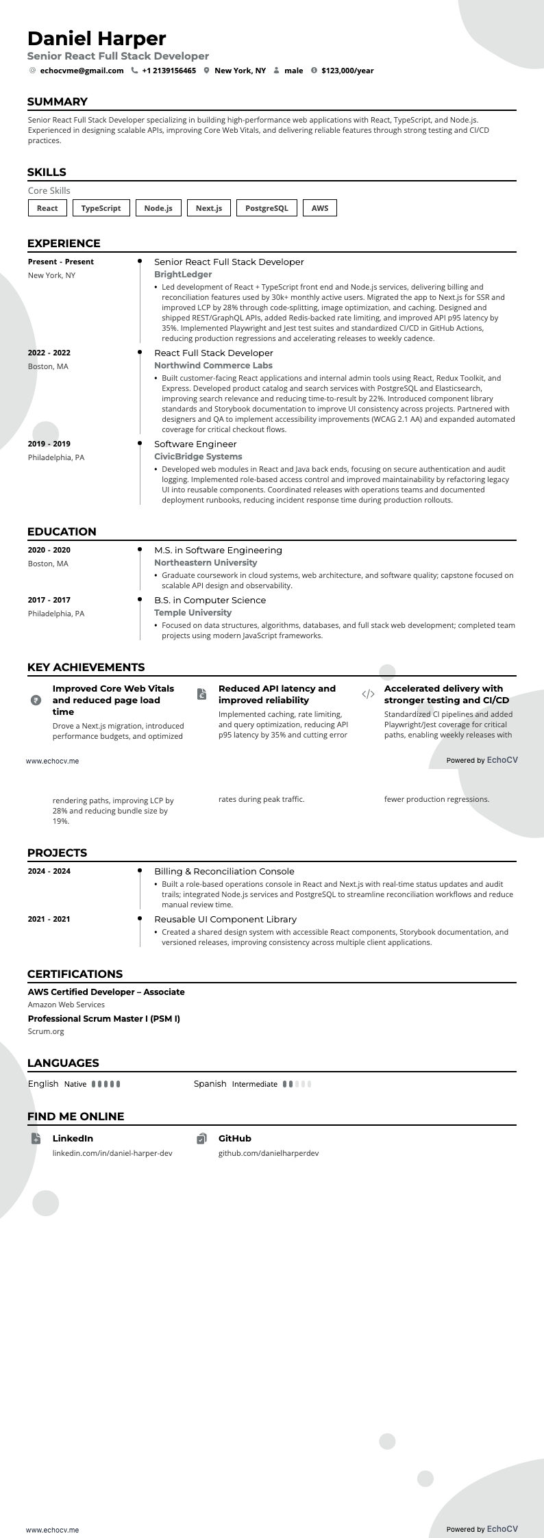 Senior React Full Stack Developer example resume
