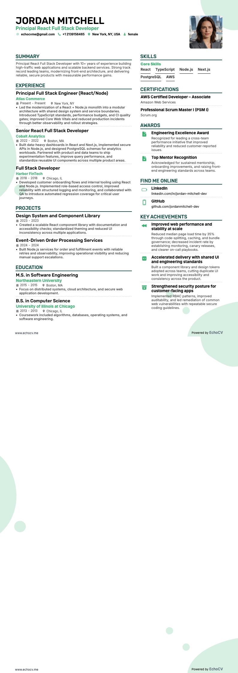 Principal React Full Stack Developer example resume