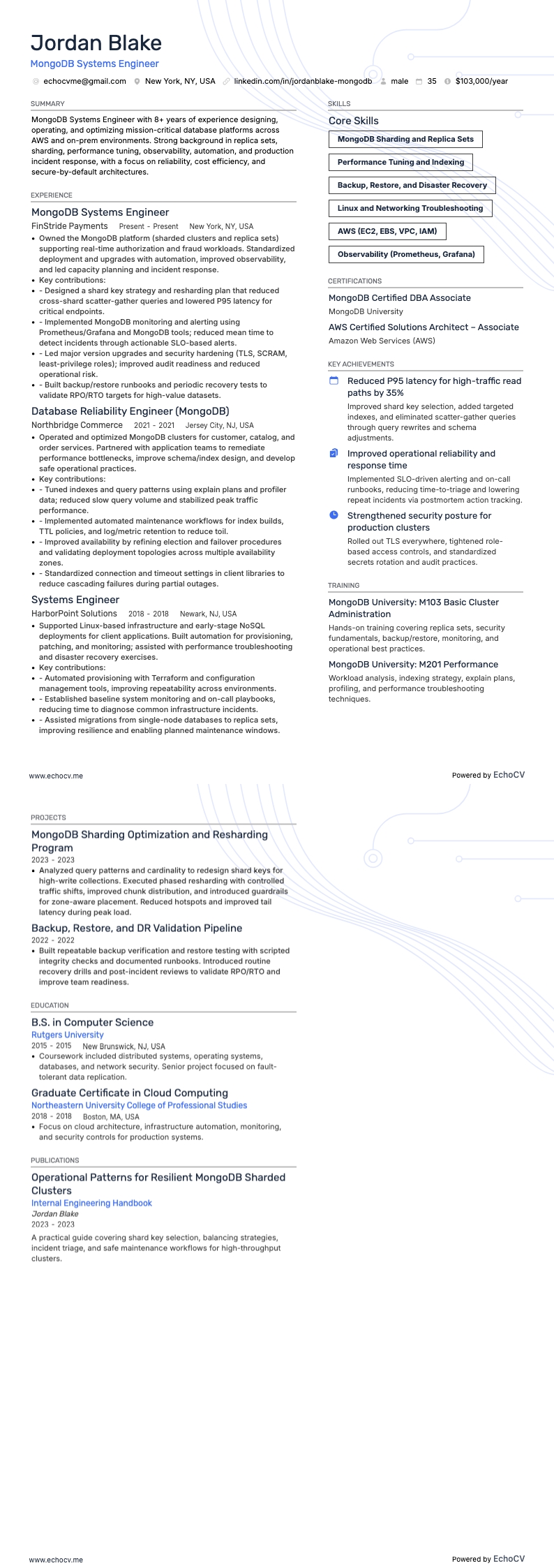 MongoDB Systems Engineer example resume