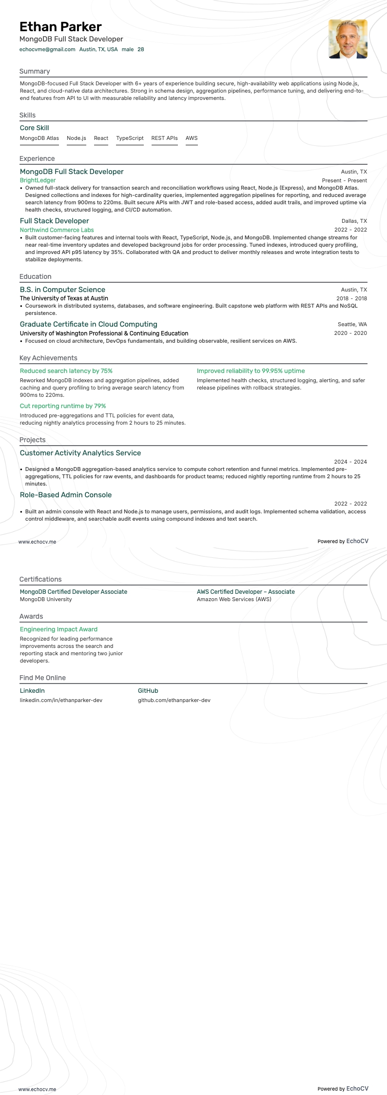 MongoDB Full Stack Developer example resume