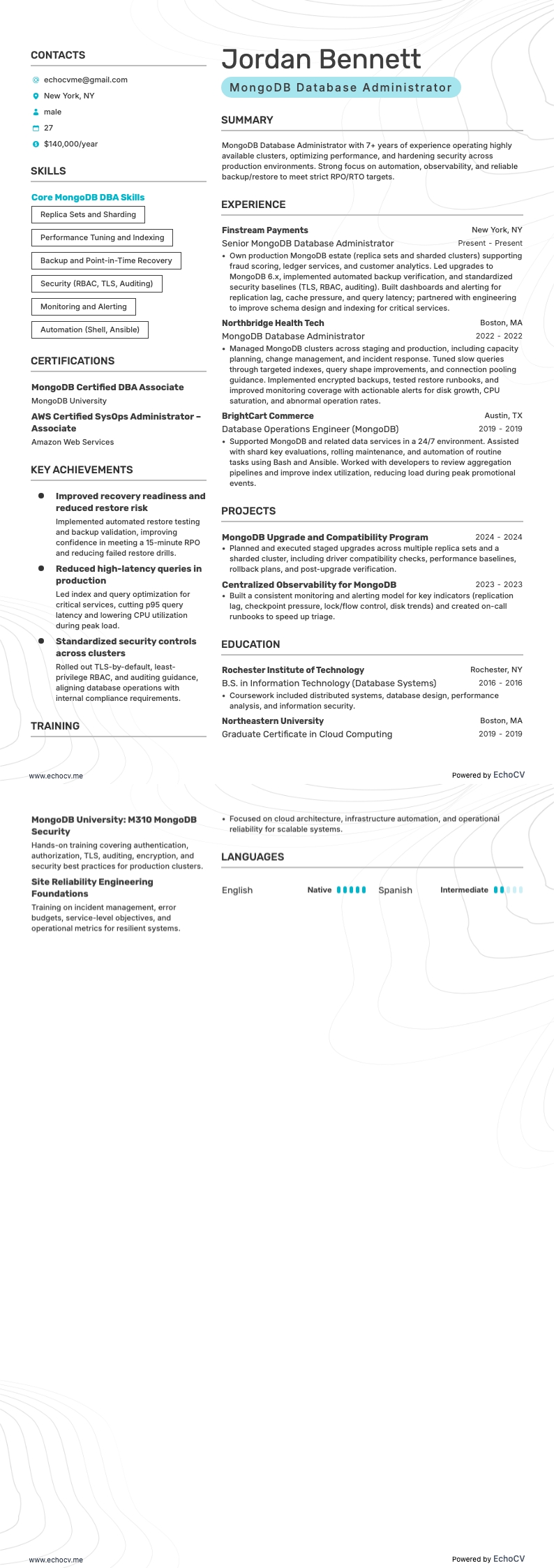 MongoDB Database Administrator example resume