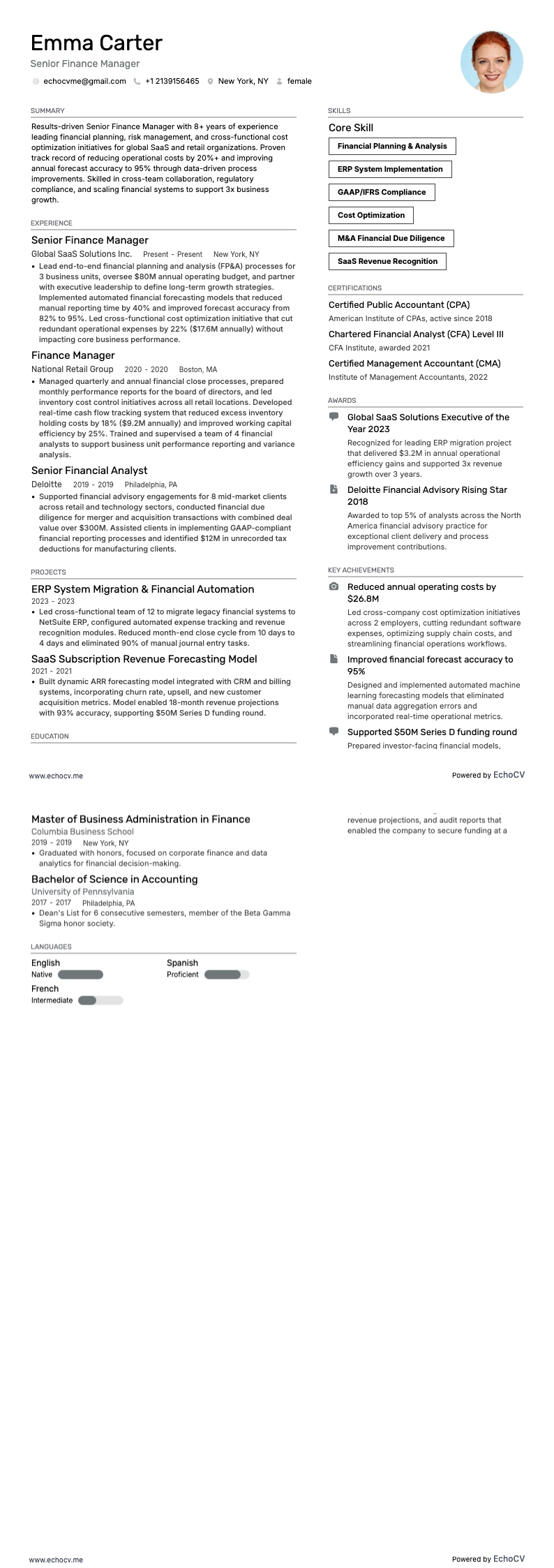 Senior Finance Manager example resume