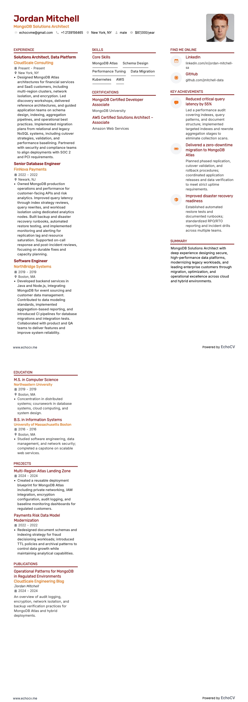 MongoDB Solutions Architect example resume