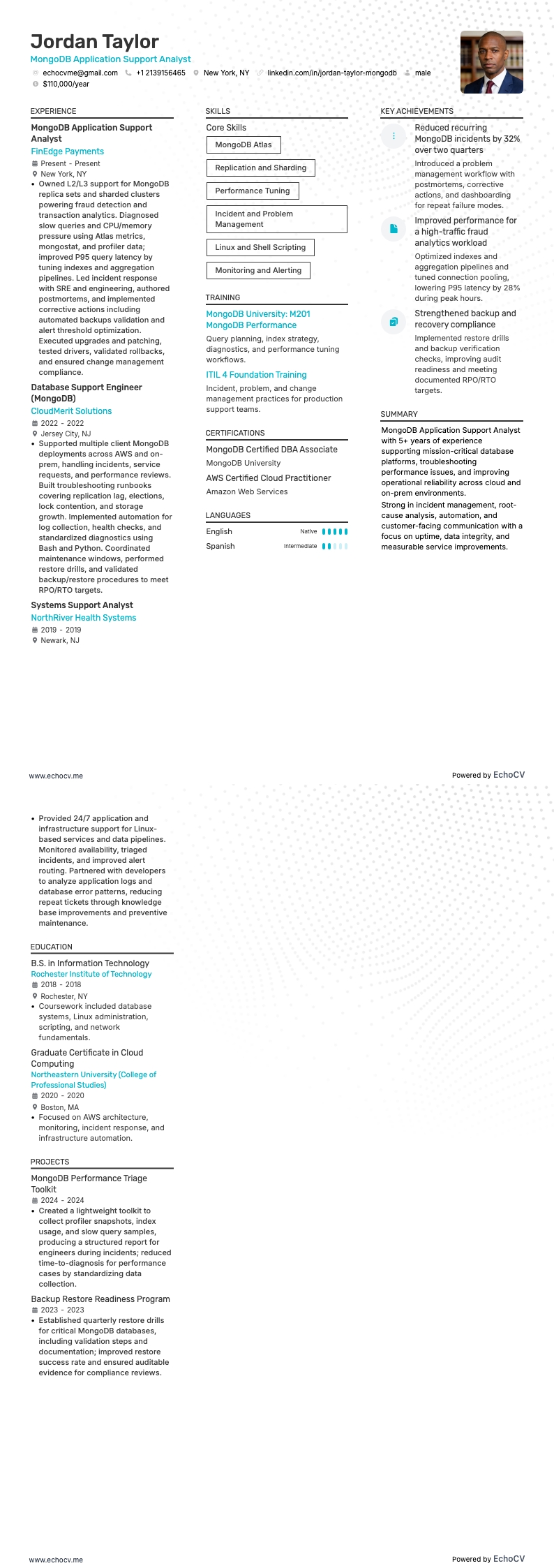 MongoDB Application Support Analyst example resume