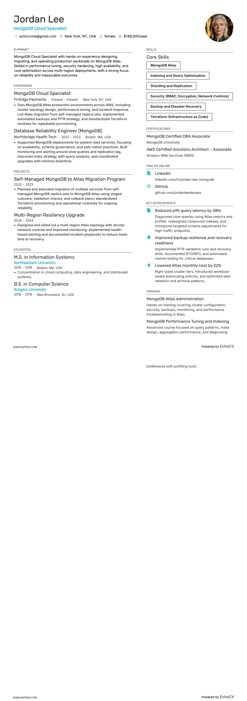 MongoDB Cloud Specialist example resume