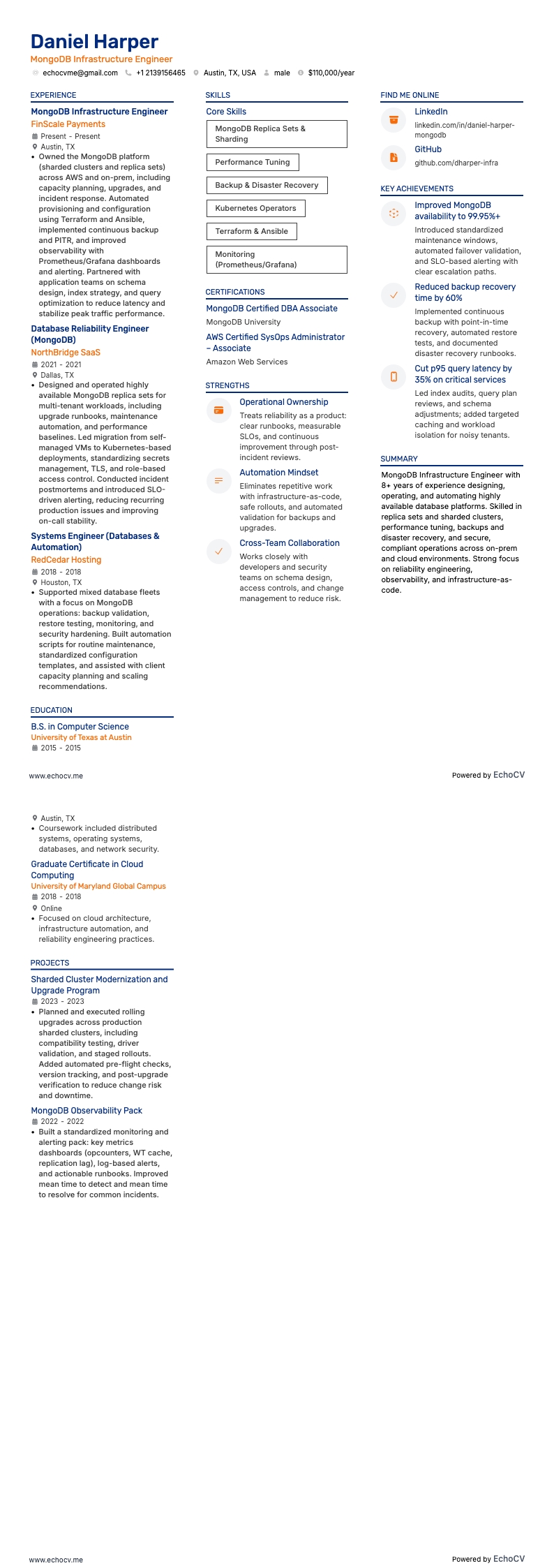 MongoDB Infrastructure Engineer example resume