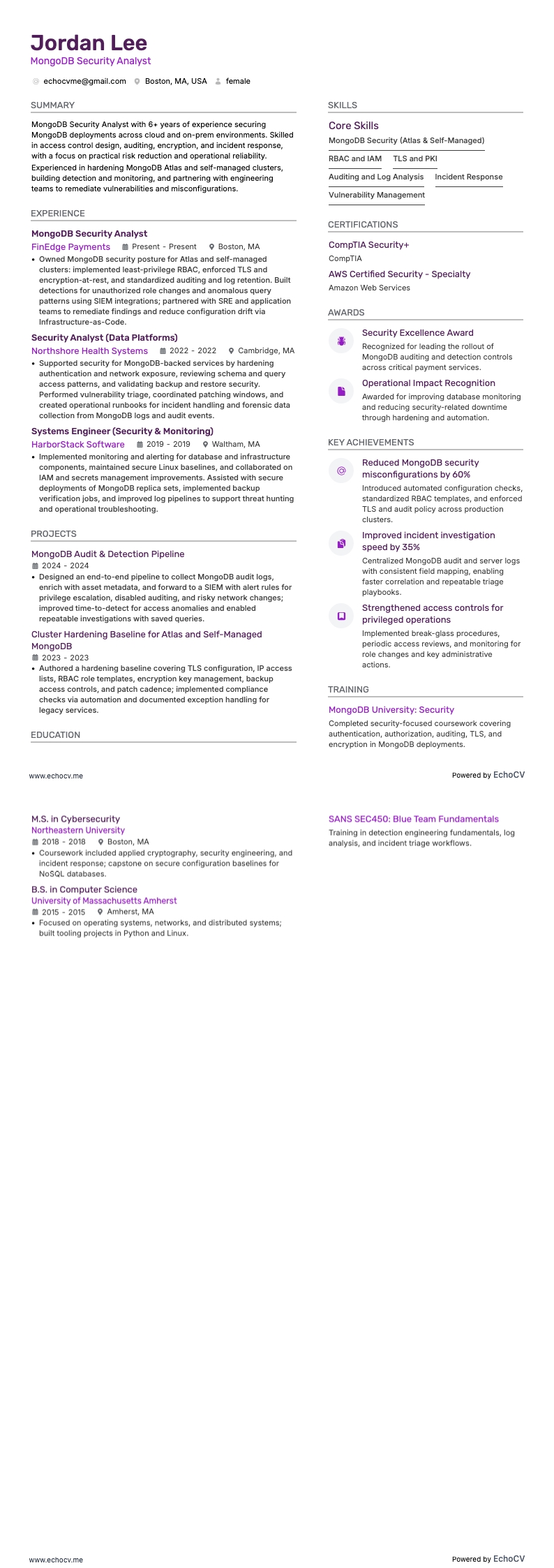 MongoDB Security Analyst example resume